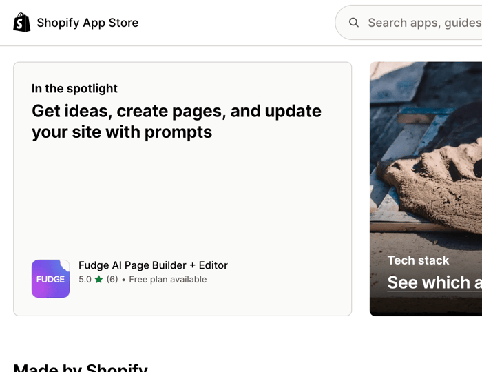 Fudge als Staff Pick im Bereich 'In the Spotlight' auf der Shopify App Store Homepage