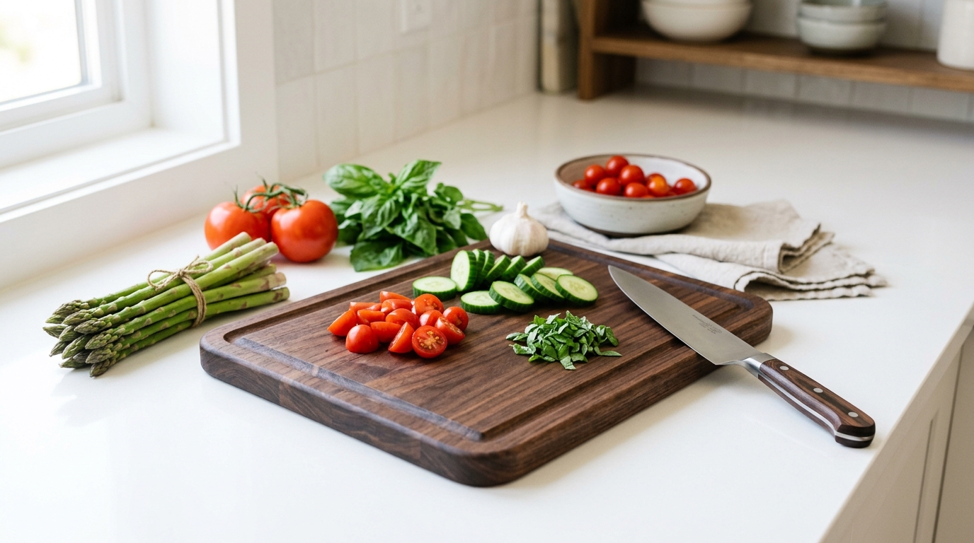 Knifz walnut cutting board on a kitchen counter