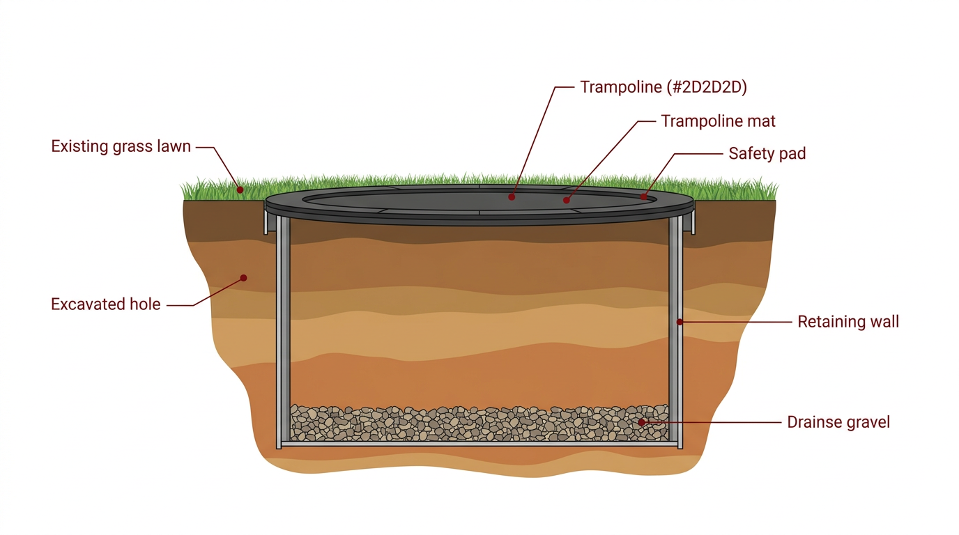 Cross-section diagram of in-ground trampoline installation showing excavation, retaining wall, drainage gravel, and frame flush with grass surface