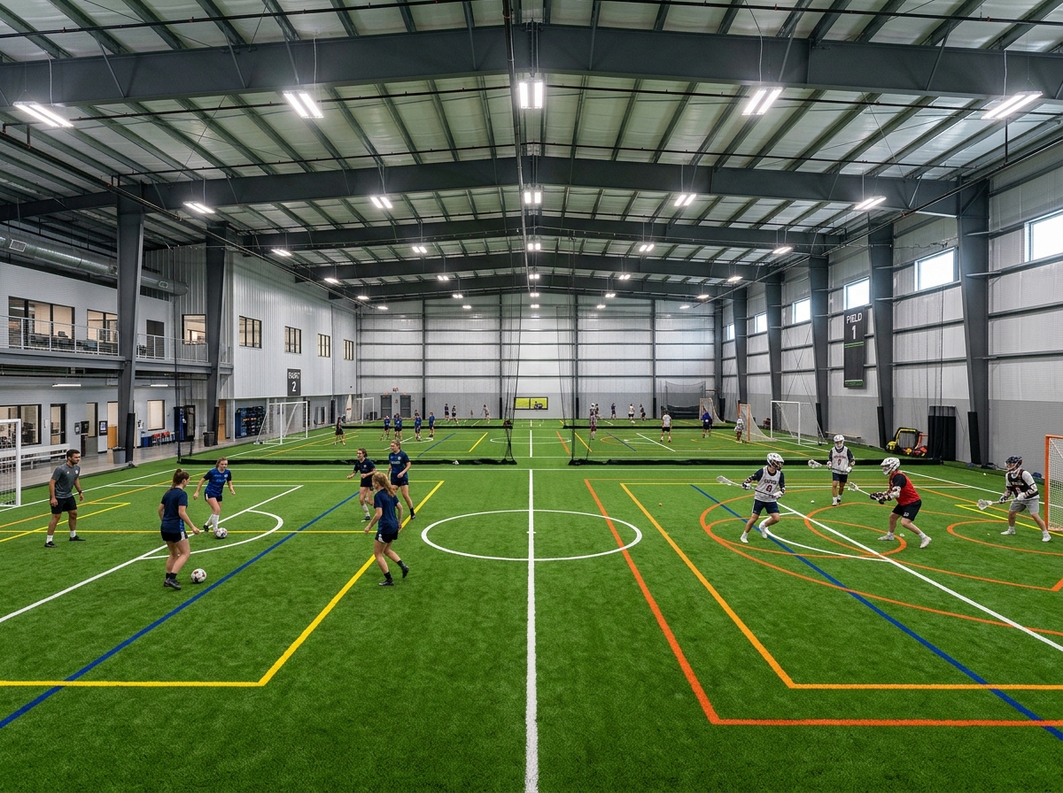 Indoor multi-sport practice facility with artificial turf and line markings
