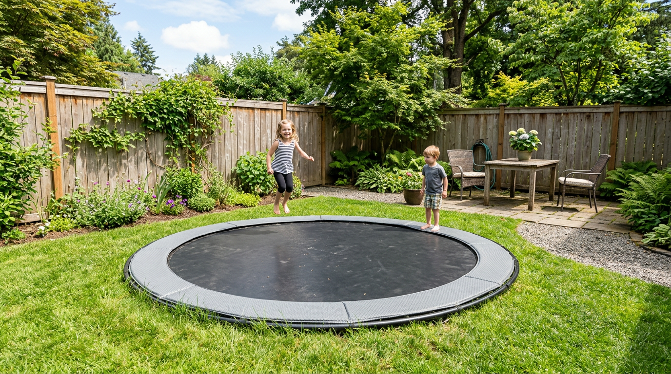 Compact round in-ground trampoline flush with a green lawn in a cozy backyard