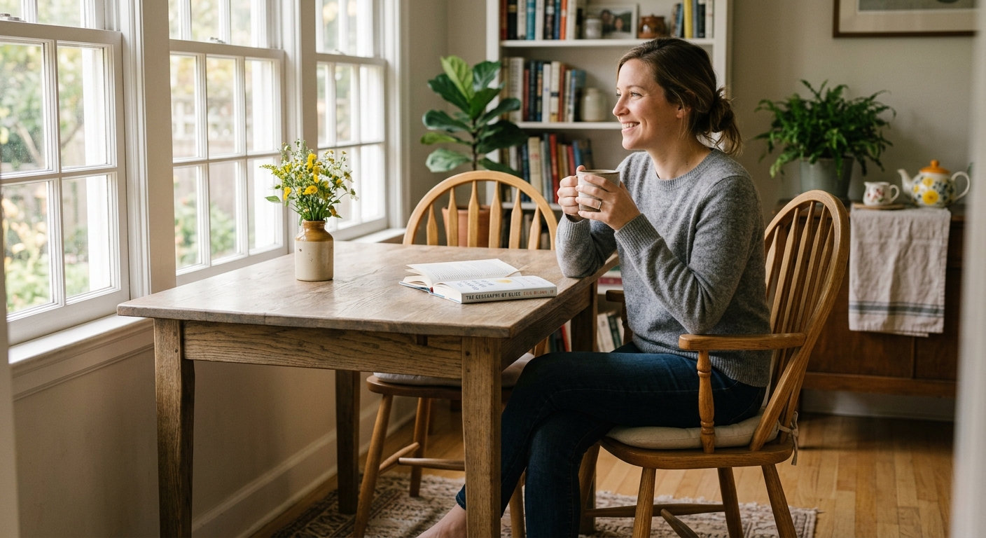 Young woman enjoying a peaceful morning coffee in a sunlit breakfast nook, relaxed and satisfied in her well-made dining chair