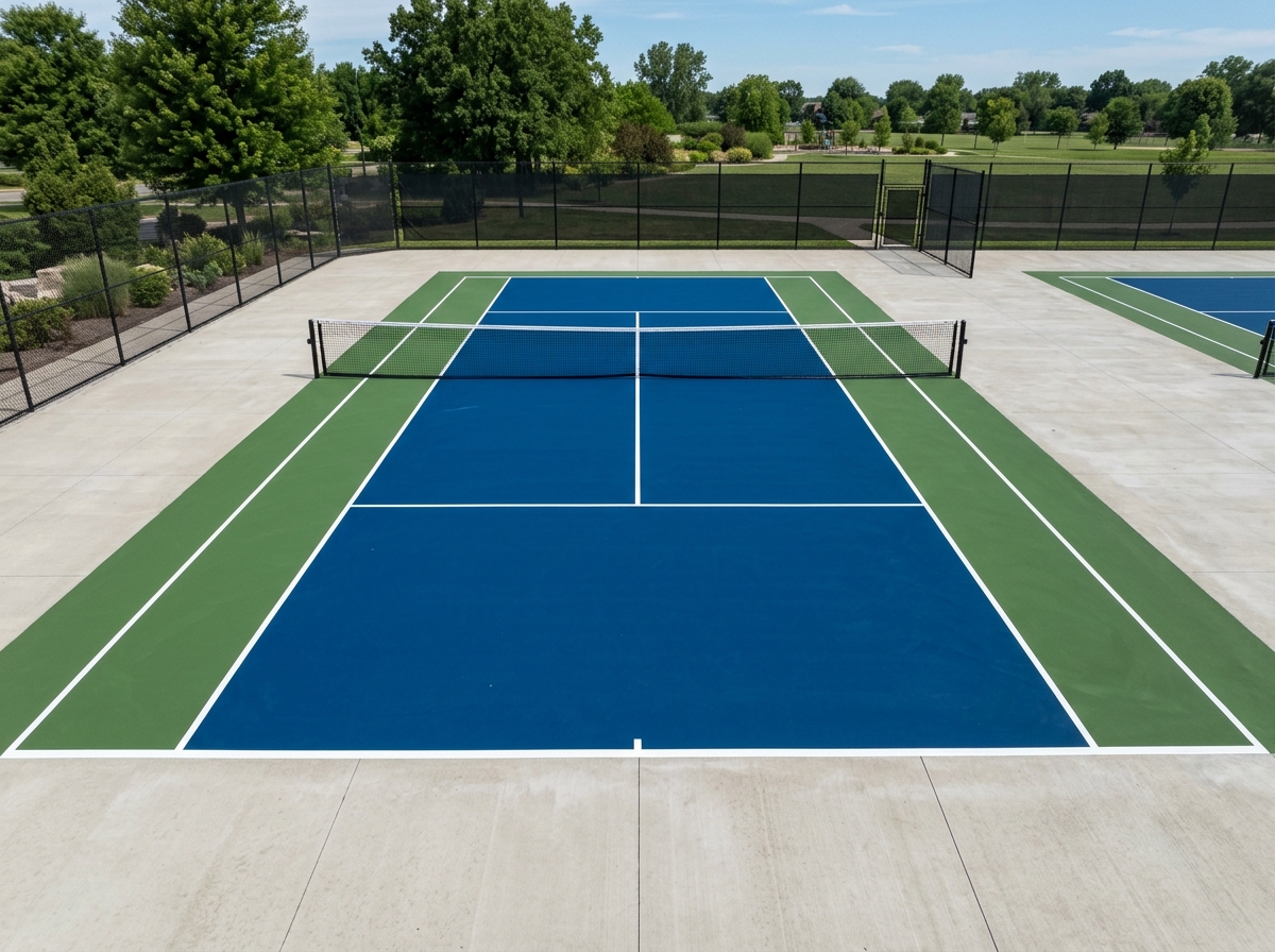 Outdoor tennis court with regulation line striping including baselines and service boxes on concrete