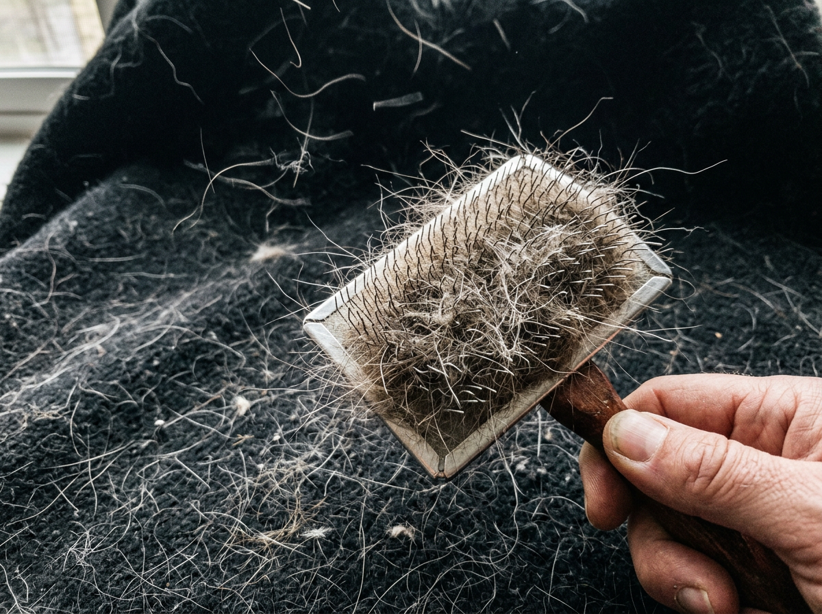Scratchy metal slicker brush with messy flying pet fur