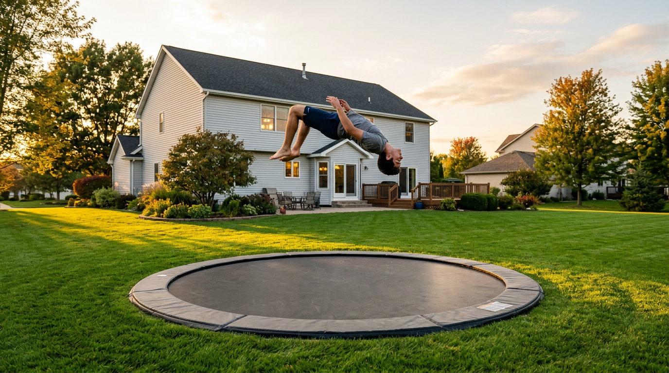 Large 14ft round in-ground trampoline with a jumper mid-air in a spacious backyard
