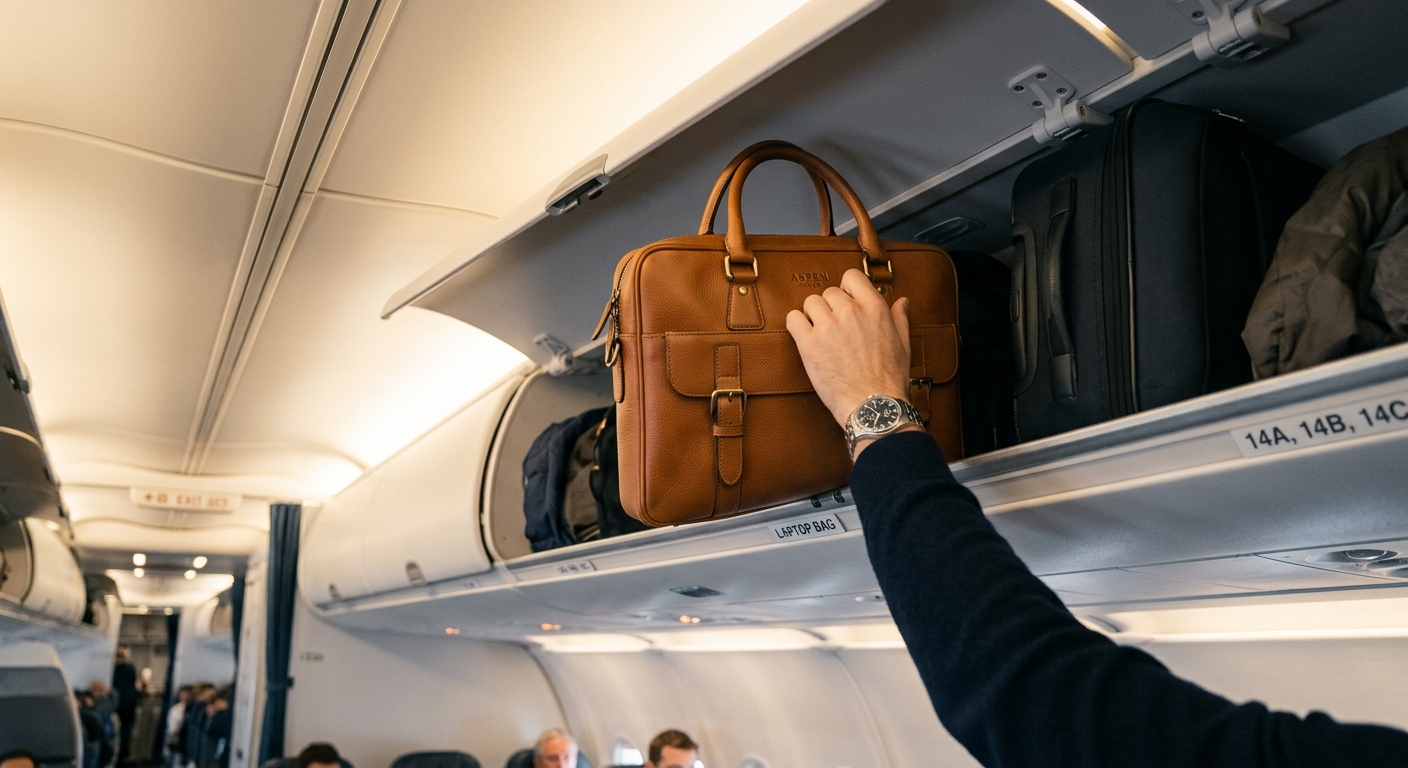 Premium leather laptop bag in airplane overhead bin, carry-on compliant