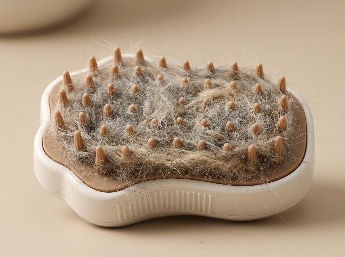 Furly Steam Pet Brush silicone bristles holding dense circular pad of bound pet fur