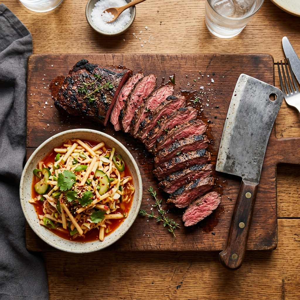 Hanger steak with apple cucumber kimchi slaw