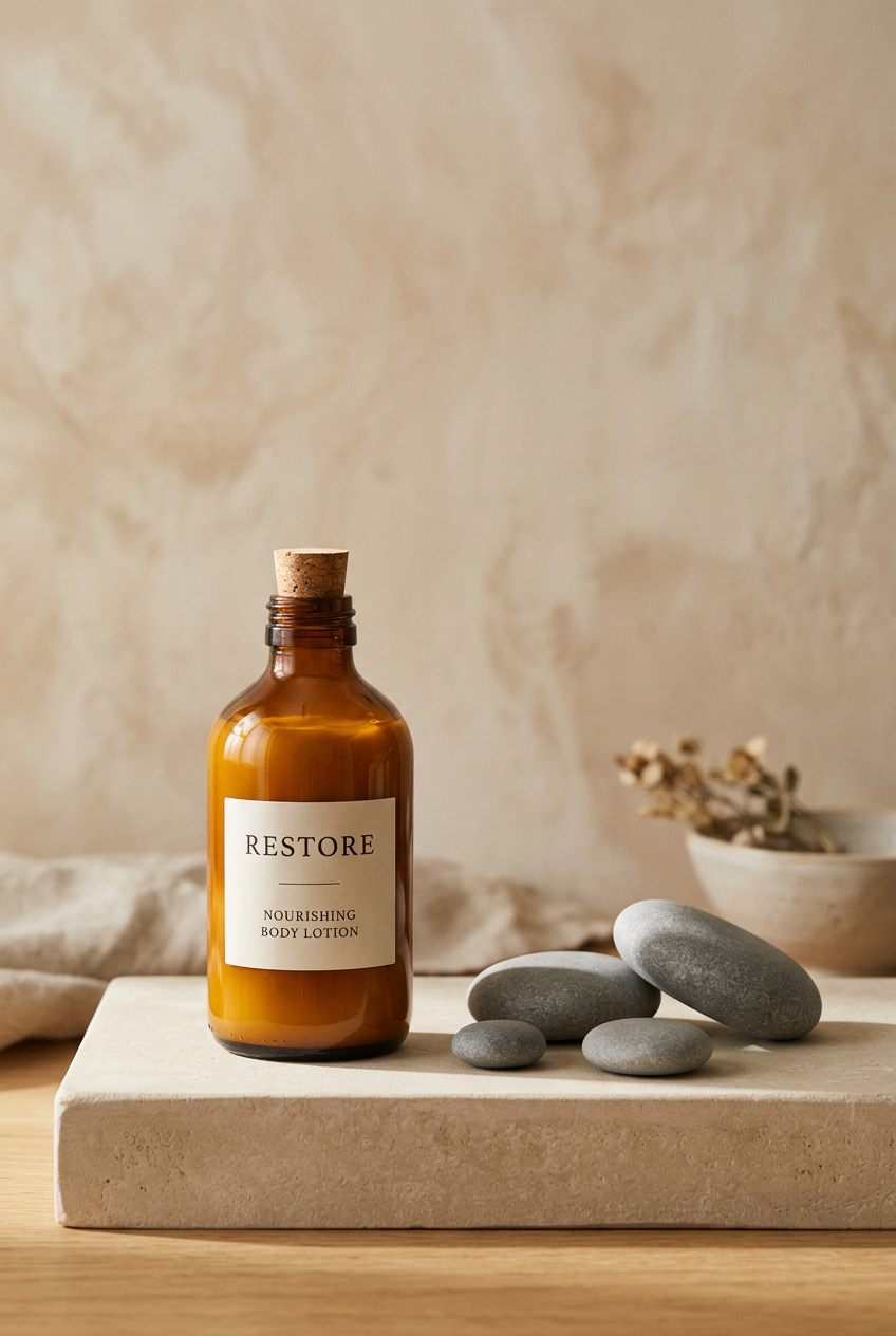 Amber glass lotion bottle and resin massage stones on a neutral plinth