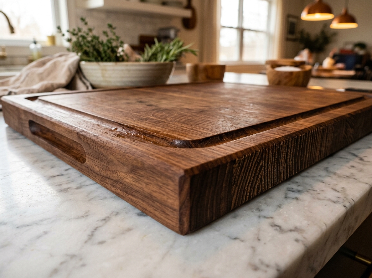 Walnut cutting board detail showing edge grain and juice tray