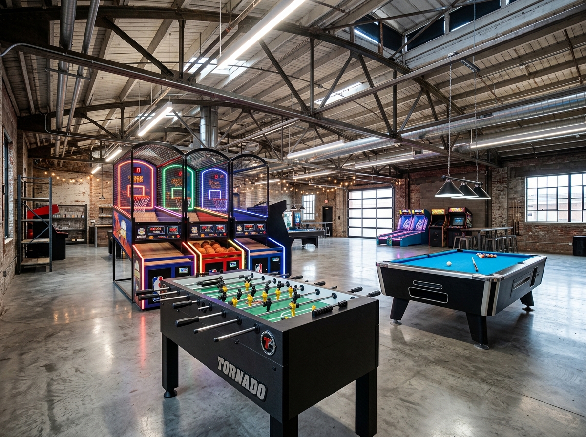 Industrial game room with foosball, basketball arcade, and pool table
