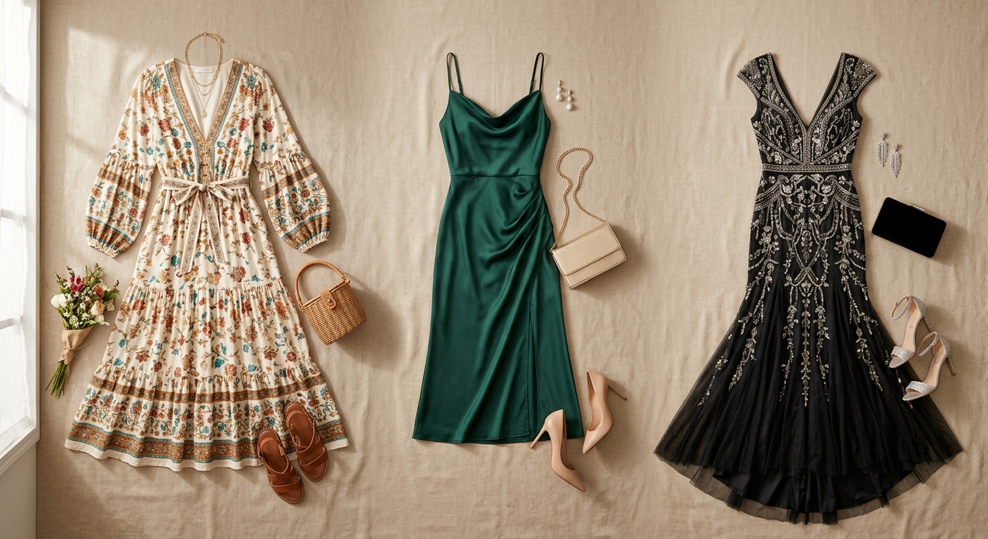 Women's dresses arranged by formality: boho maxi, satin cocktail, and beaded evening gown