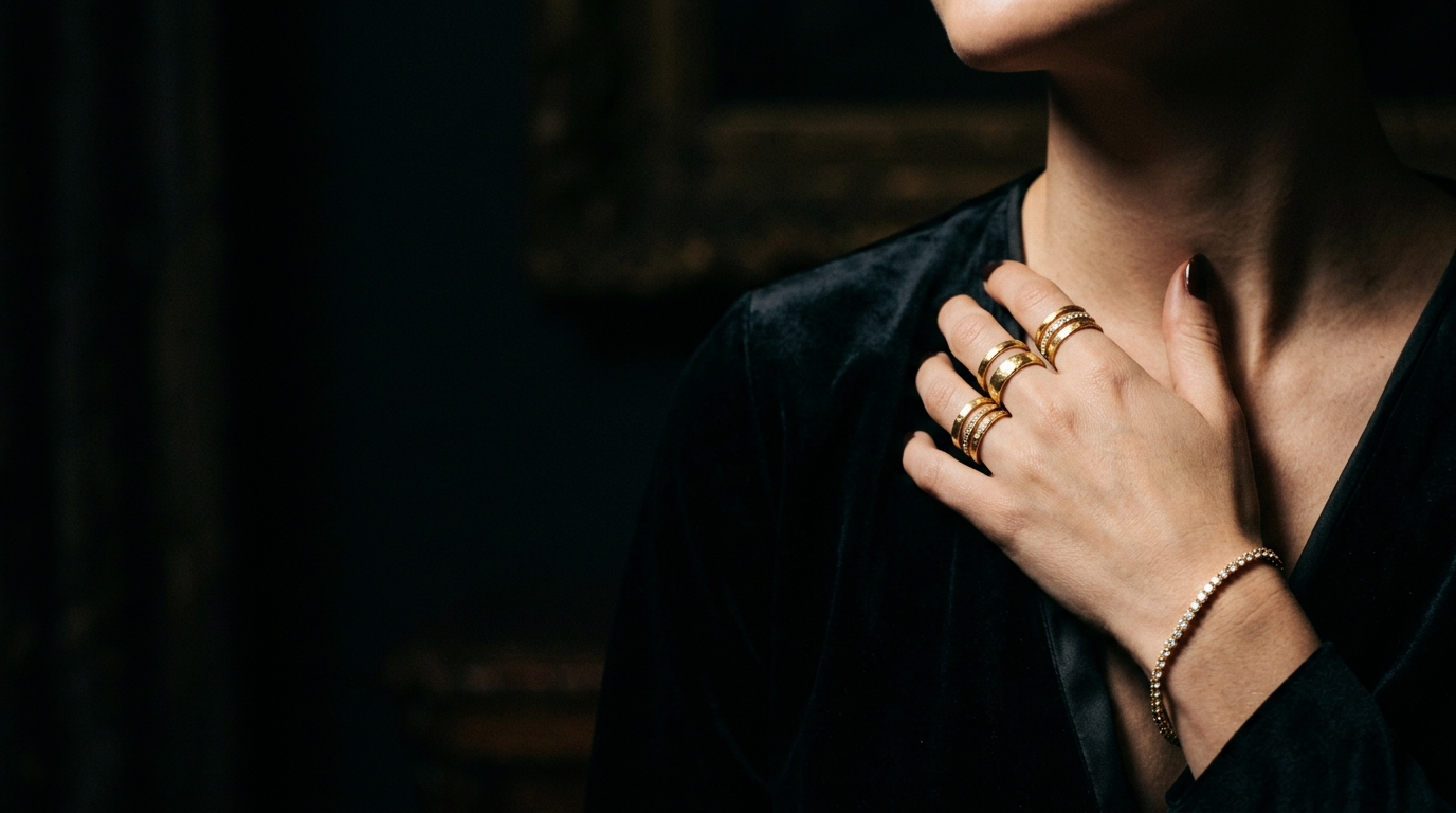 Close-up of a hand wearing gold rings and a tennis bracelet against a dark background