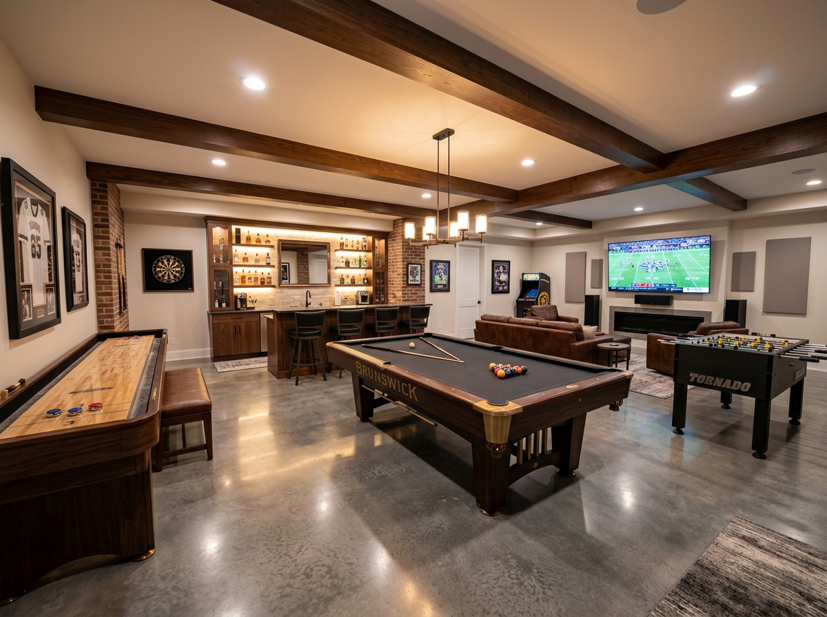 Custom game room with pool table, shuffleboard, foosball, and home bar