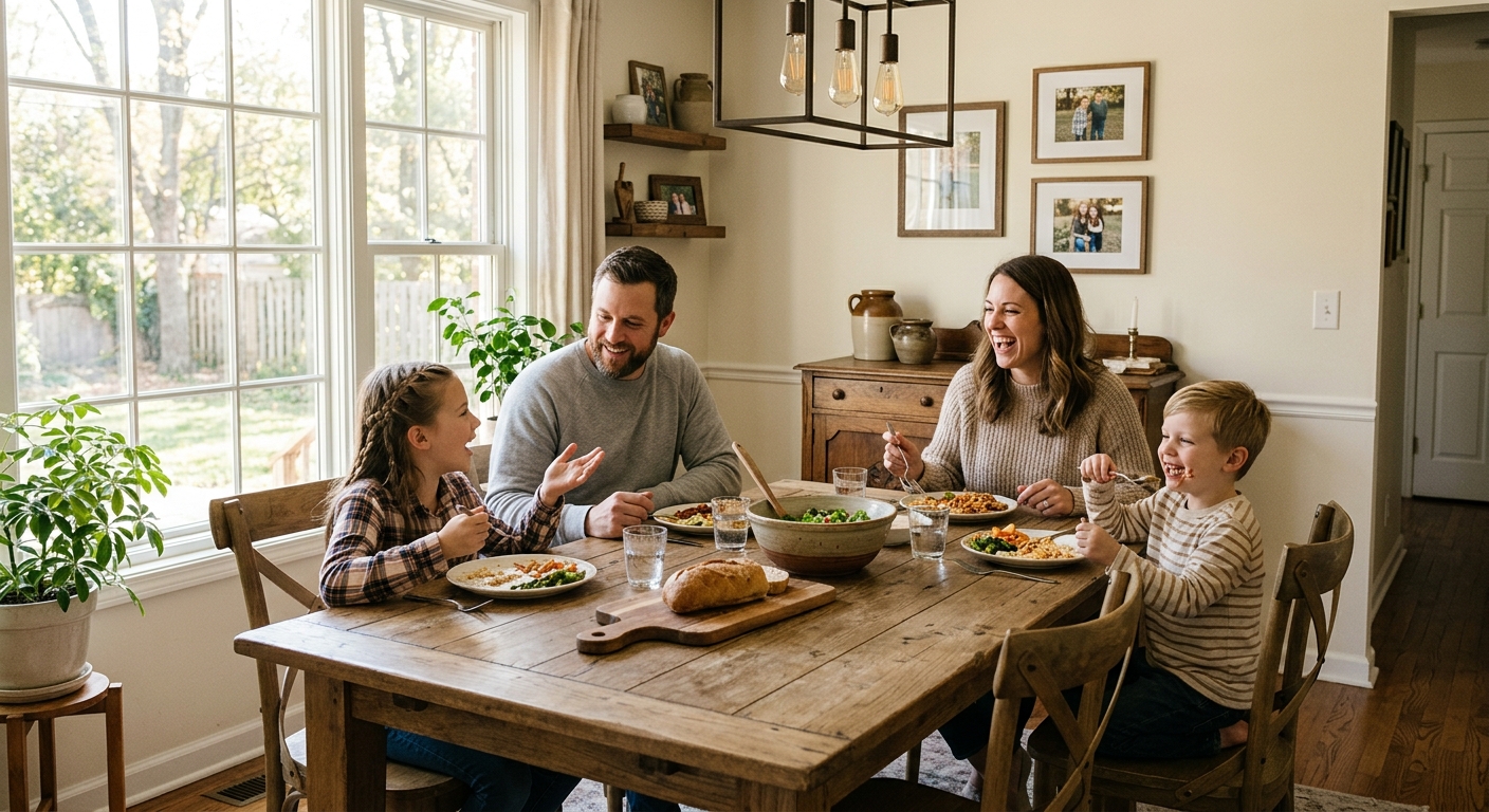 Young family of four gathered around a farmhouse dining table in a warm, inviting dining room