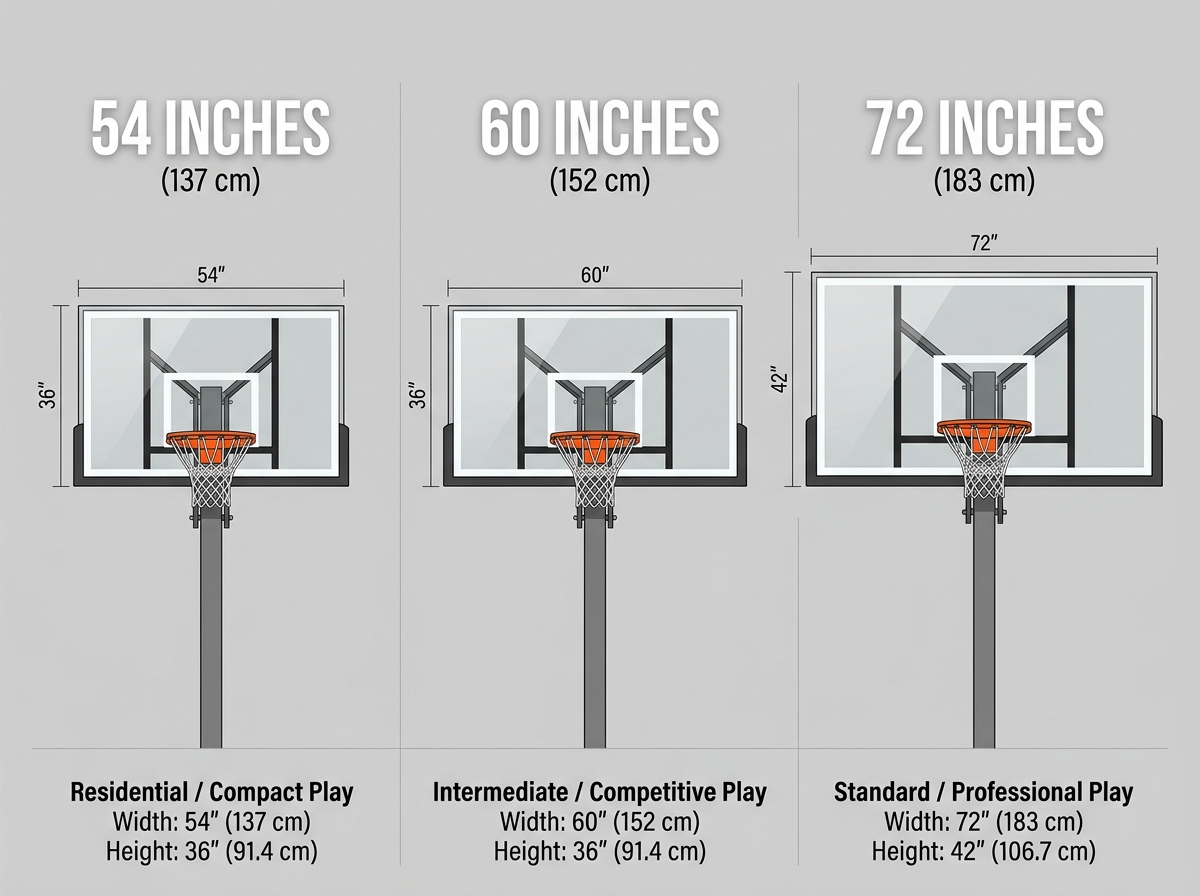 Comparison of 54-inch, 60-inch, and 72-inch basketball backboard sizes shown side by side