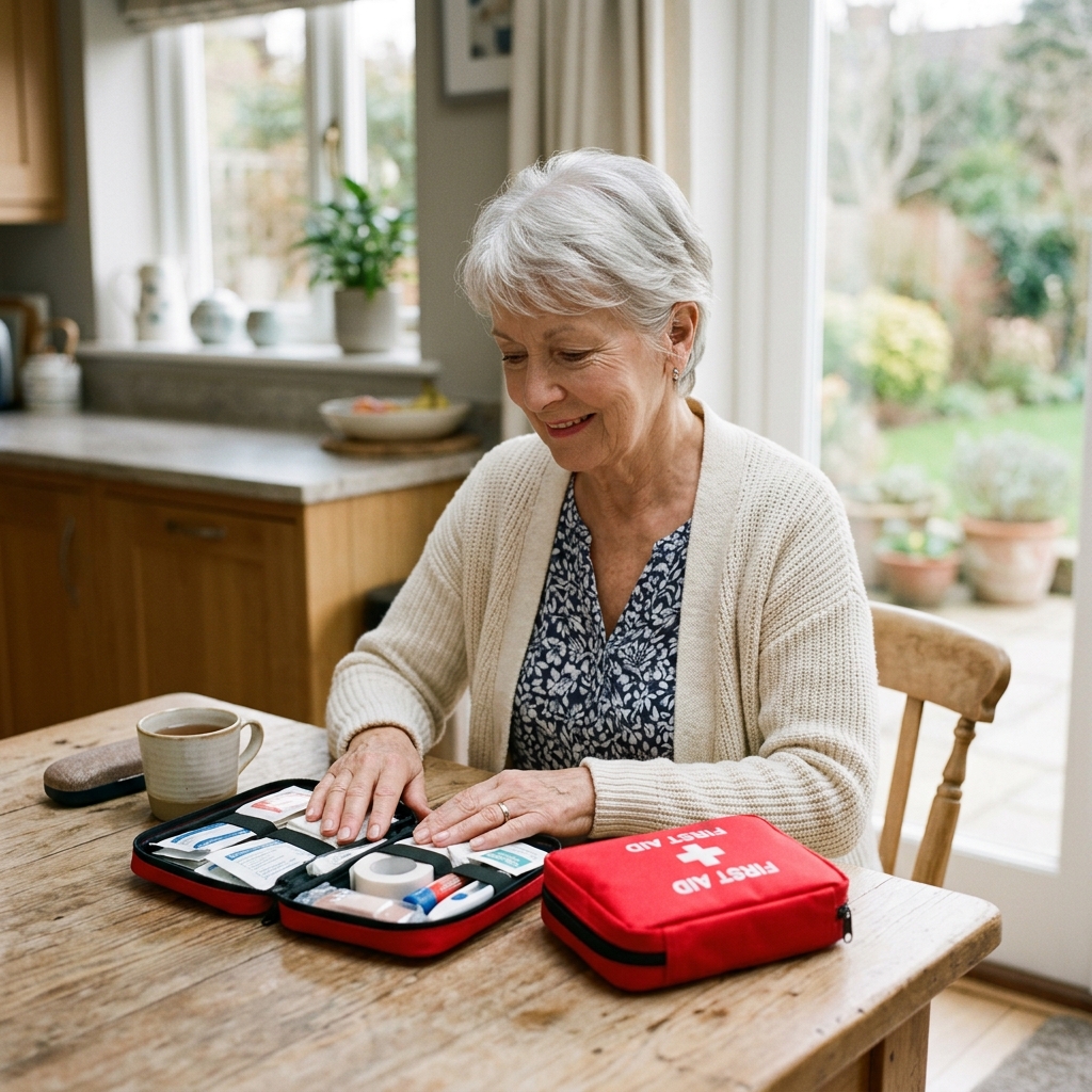 Senior woman reviewing her home first aid kit at the kitchen table