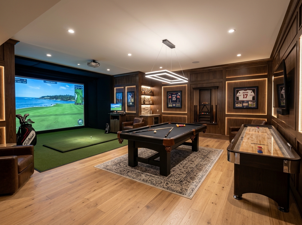 Luxury basement game room with golf simulator, pool table, and shuffleboard