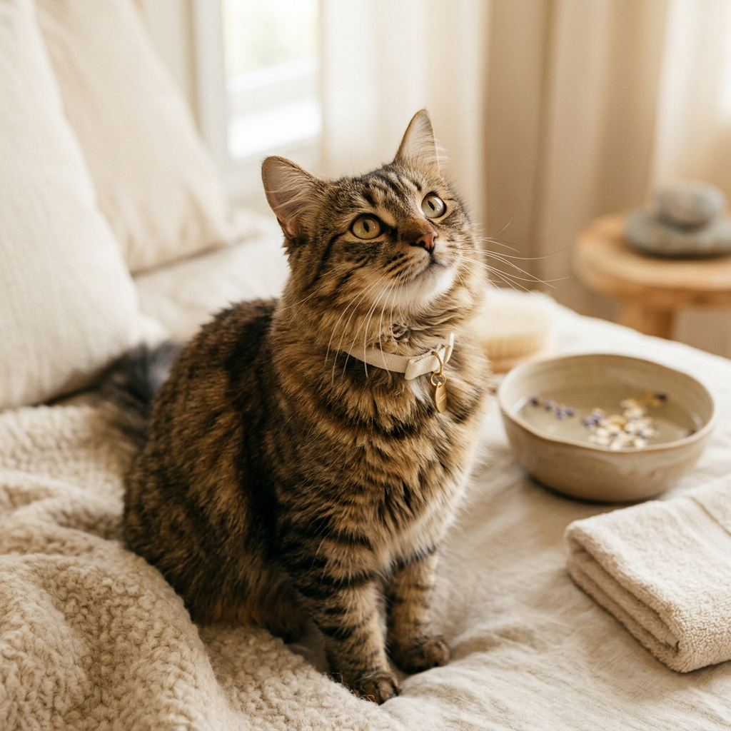 Calm domestic cat resting happily during gentle grooming