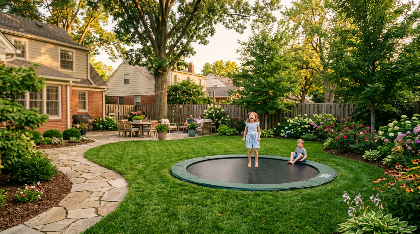 In-ground trampoline blending into a manicured suburban backyard with lush green lawn, flower beds, and mature trees