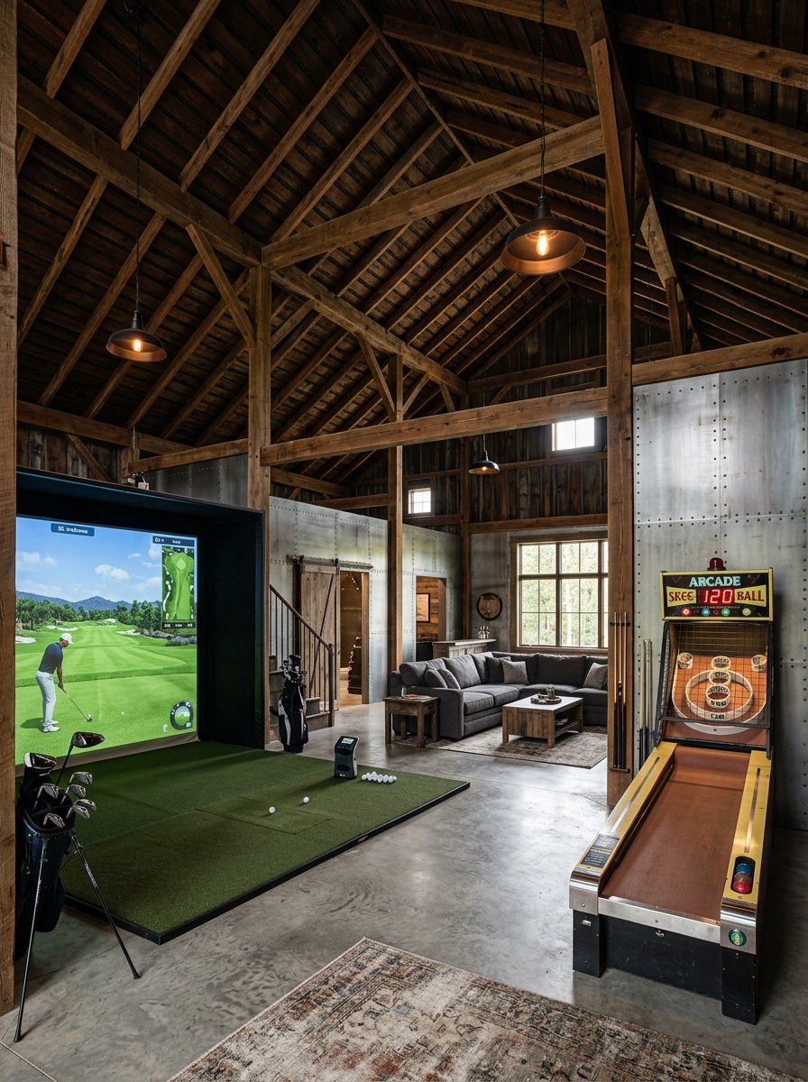 Barn game room with golf simulator and skee-ball