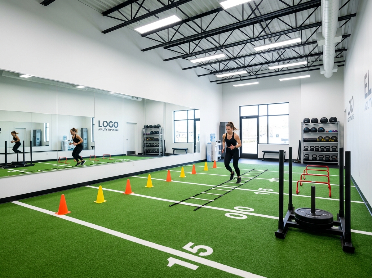 Indoor training facility with artificial turf and agility equipment