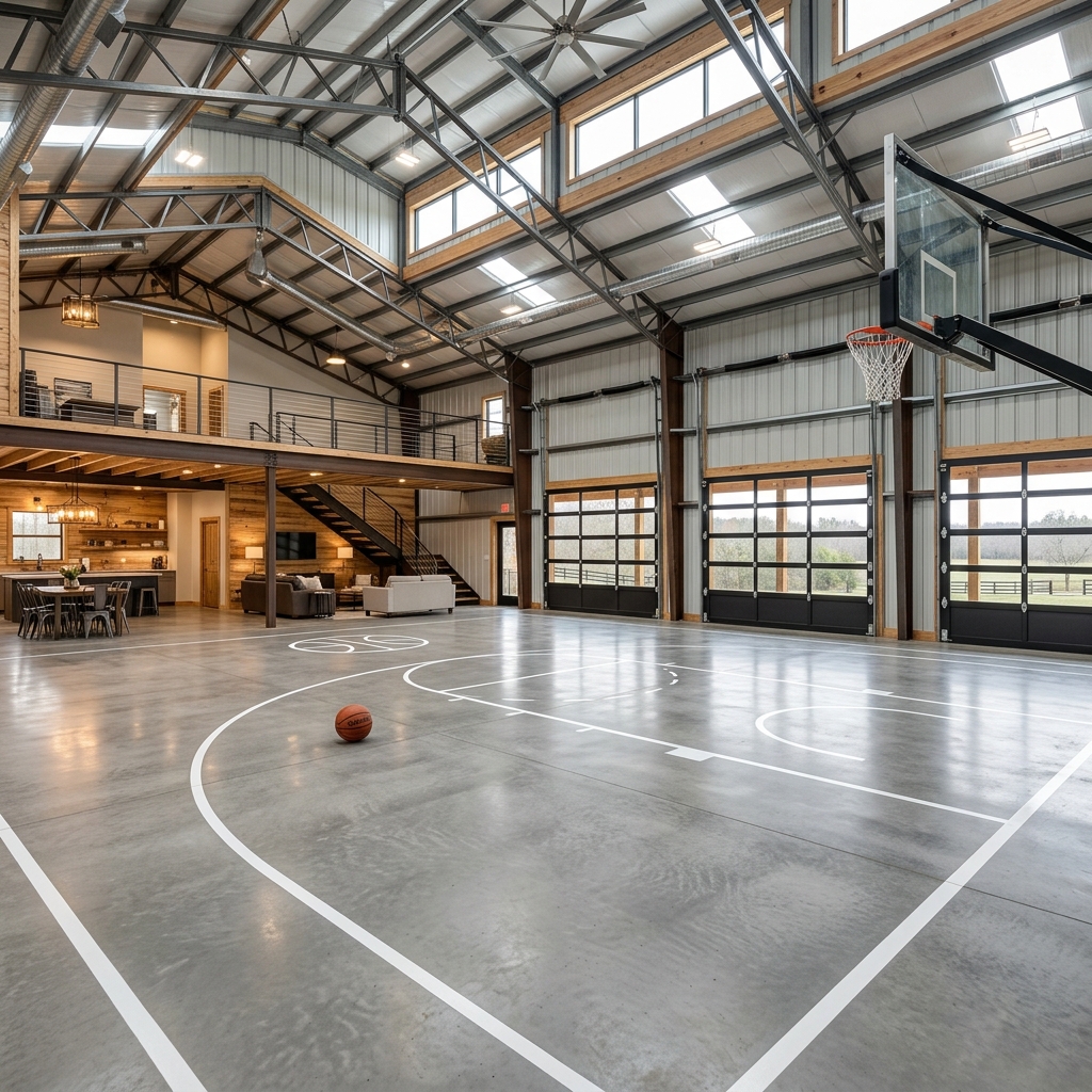 Basketball court with painted regulation lines inside a bardominium interior space