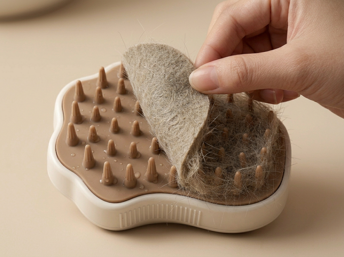 Hand peeling clean pad of pet fur from Furly Steam Pet Brush in one piece