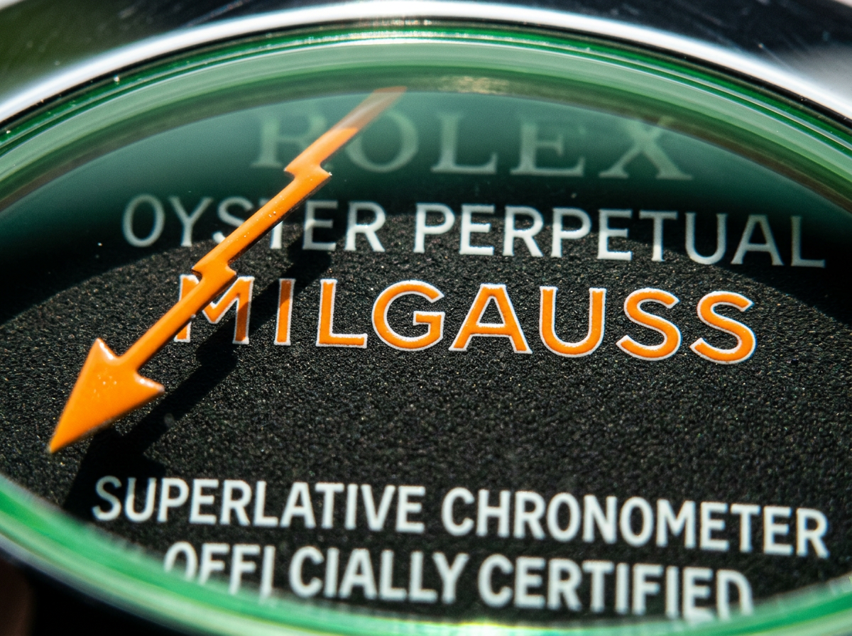 40x Microscopic forensic macro view of dial typography and lightning hand