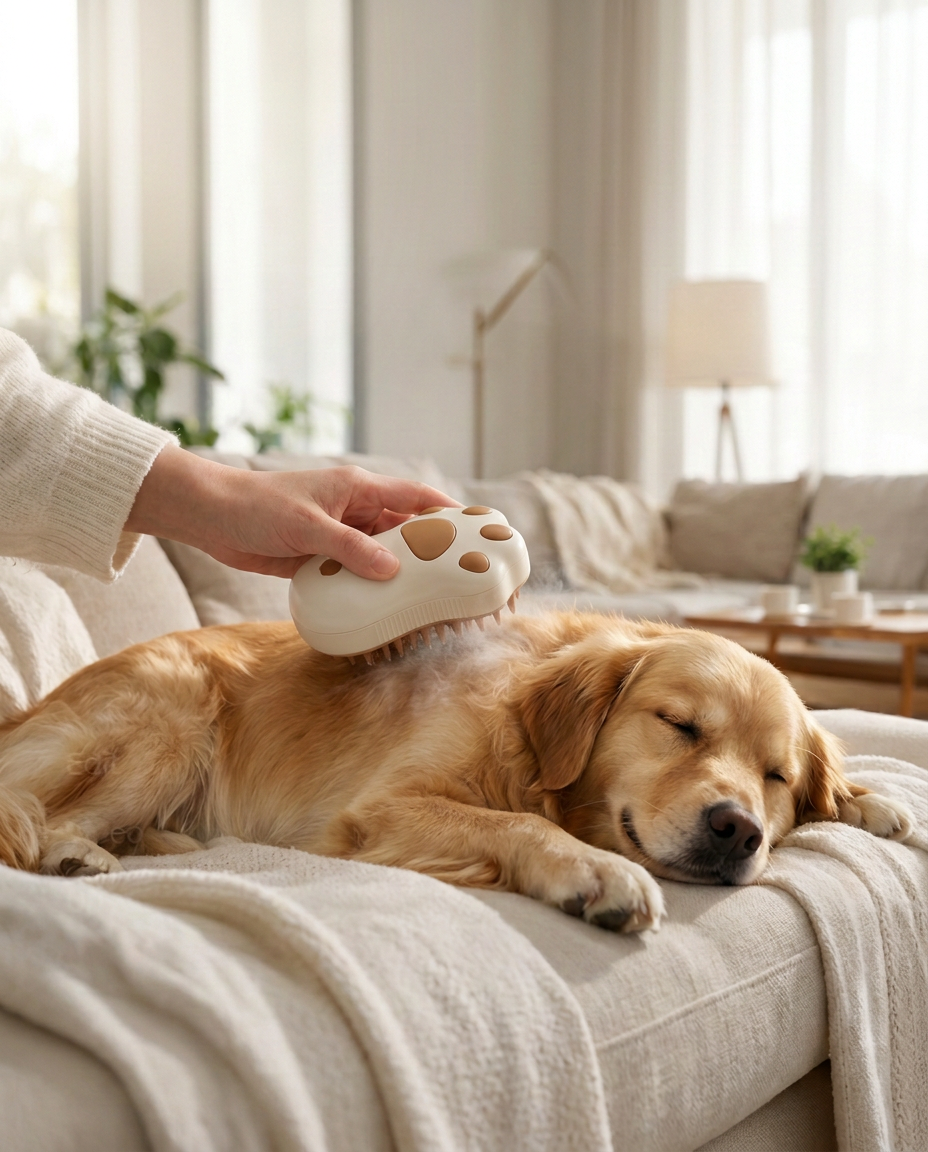 Relaxed Golden Retriever enjoying gentle warm vapor grooming with Furly Steam Pet Brush