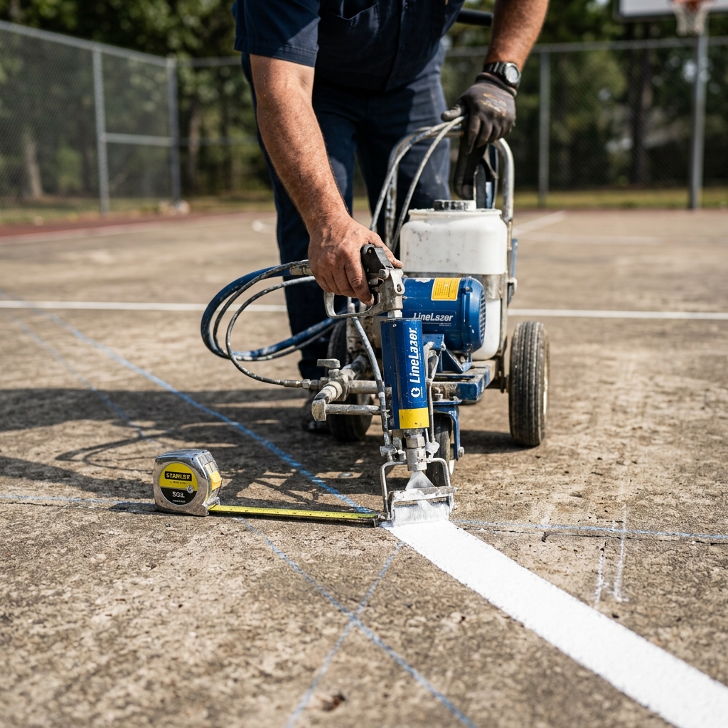 Close-up of precision line striping being applied to a concrete surface with acrylic paint