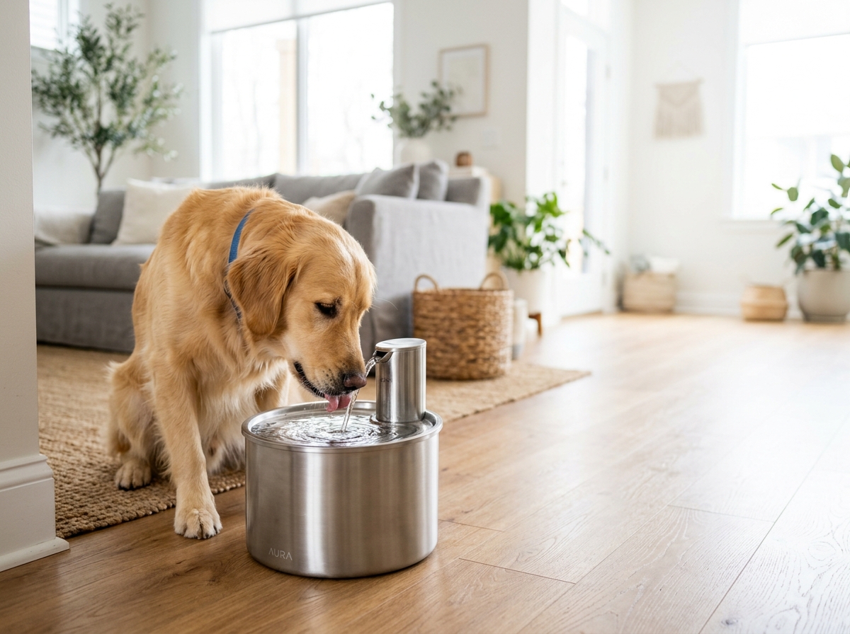 Golden retriever drinking from Emberkins wireless doggy fountain