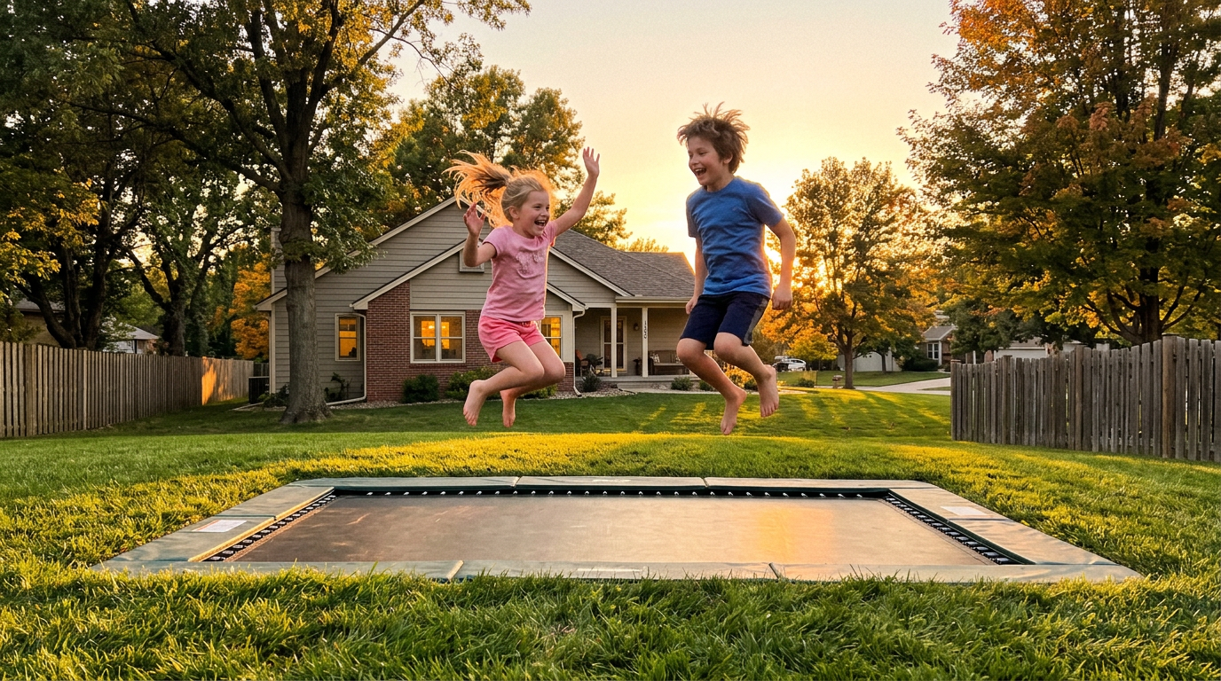Two children jumping on an in-ground trampoline at golden hour in an Omaha backyard