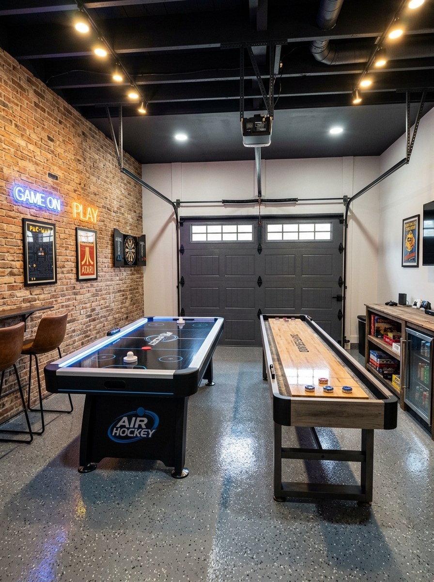 Converted garage game room with air hockey and shuffleboard