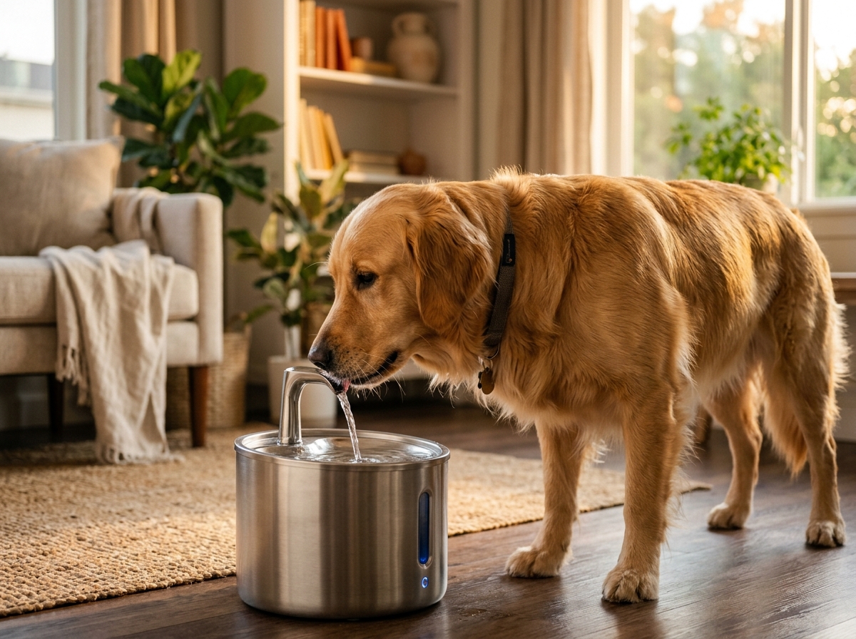 Golden retriever drinking from Emberkins wireless doggy fountain