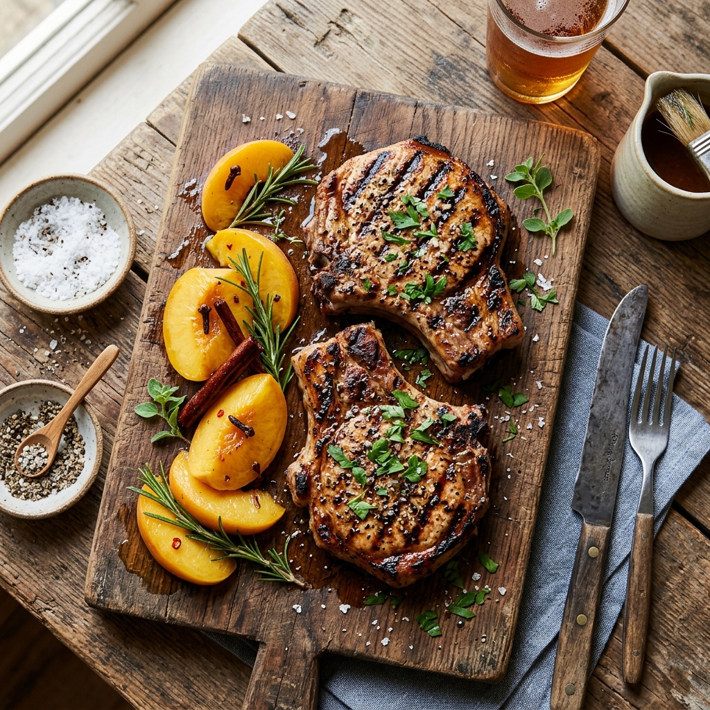 Grilled pork chops with pickled peaches
