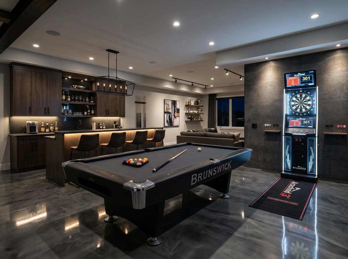 Modern game room with built-in bar, dartboard machine, and pool table