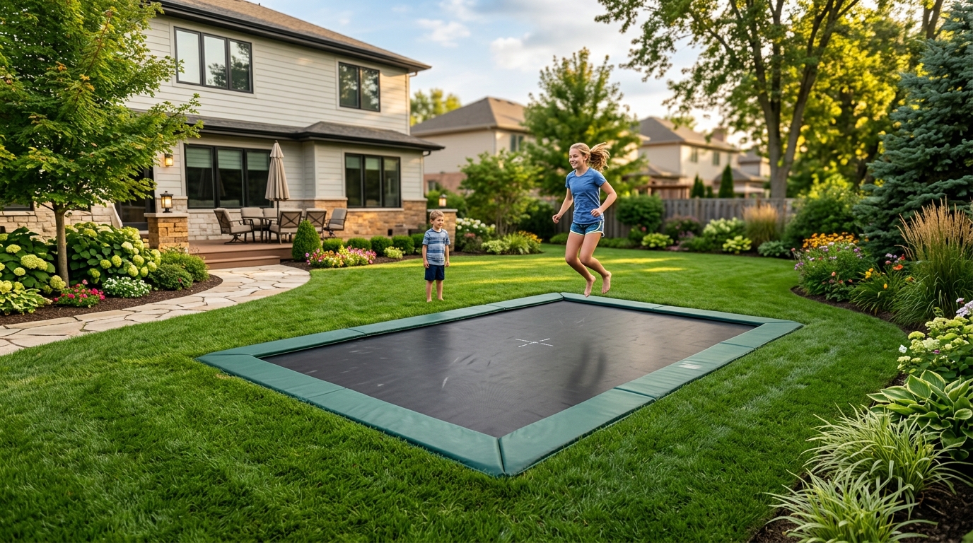 Large rectangular in-ground trampoline flush with a manicured lawn in a spacious backyard