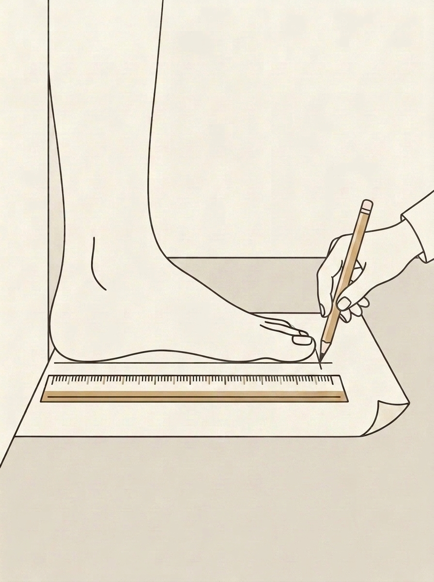 Illustration showing the wall and paper method for measuring feet