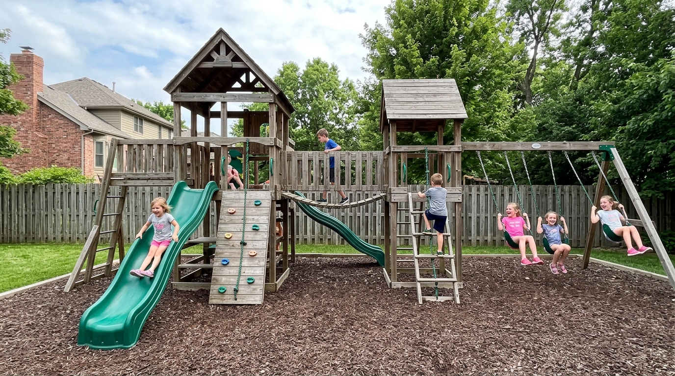 Backyard playground with children playing on slides, climbing wall, and swings