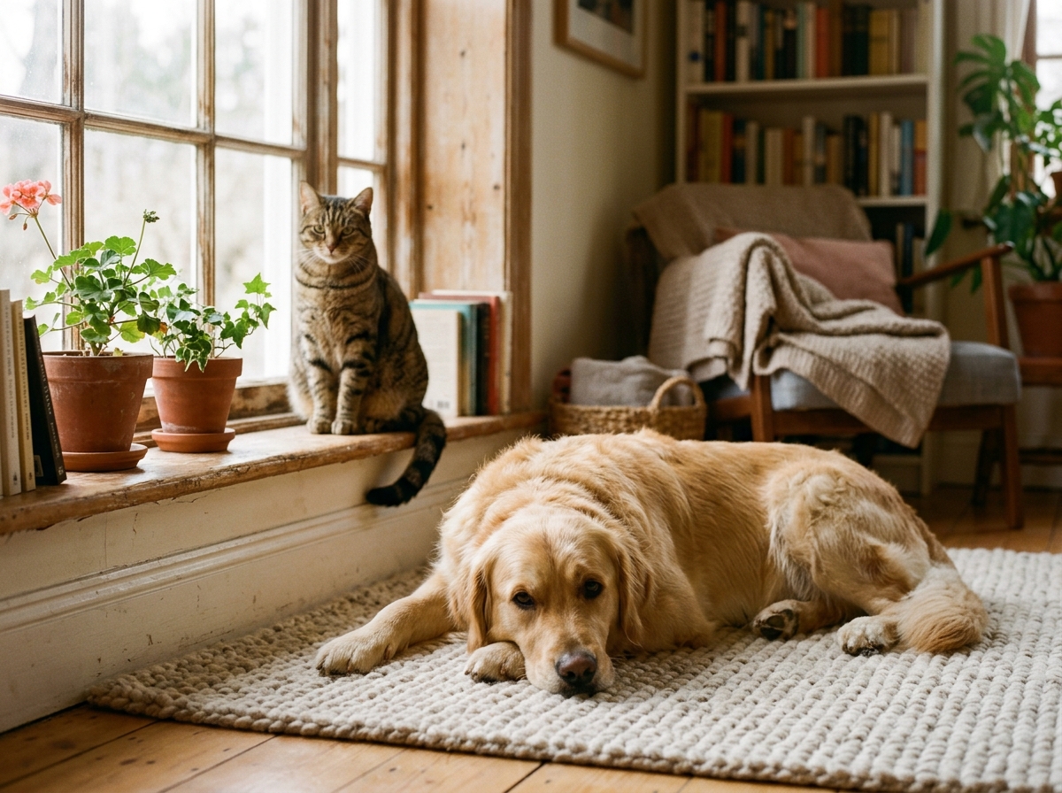 A golden retriever and tabby cat resting together in a warm, sunlit home