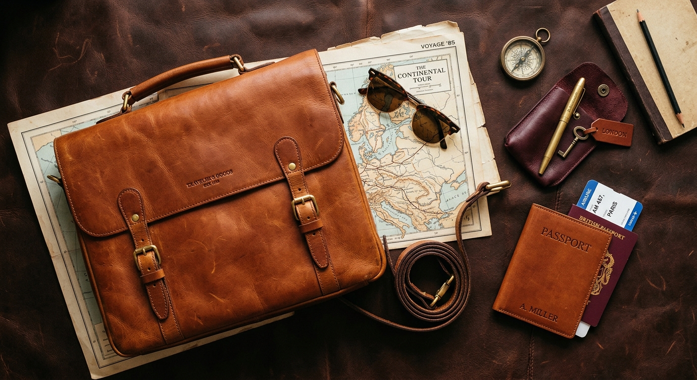Flat-lay of luxury leather travel essentials: laptop bag, passport holder, pouch, sunglasses on dark leather surface