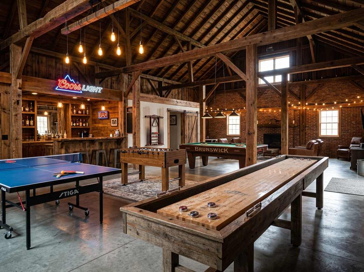 Rustic barn game room with shuffleboard, ping pong, foosball, and bar