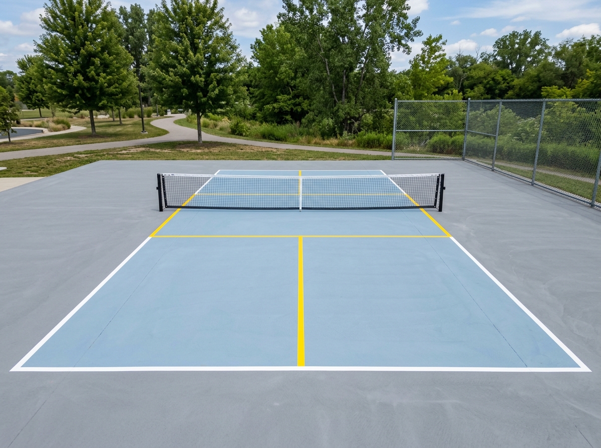 Outdoor pickleball court with regulation striping including kitchen and service courts on concrete