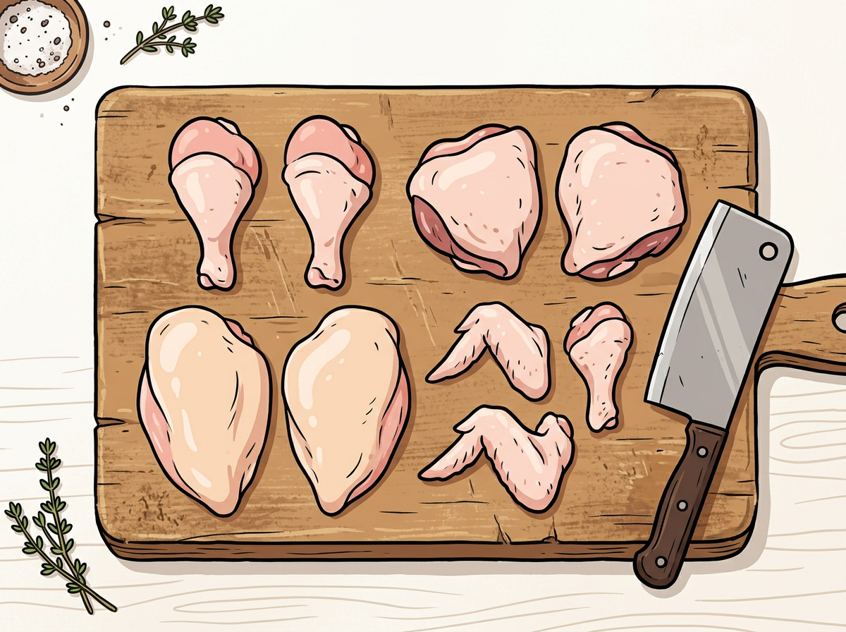 Cartoon illustration of whole chicken, eight cuts