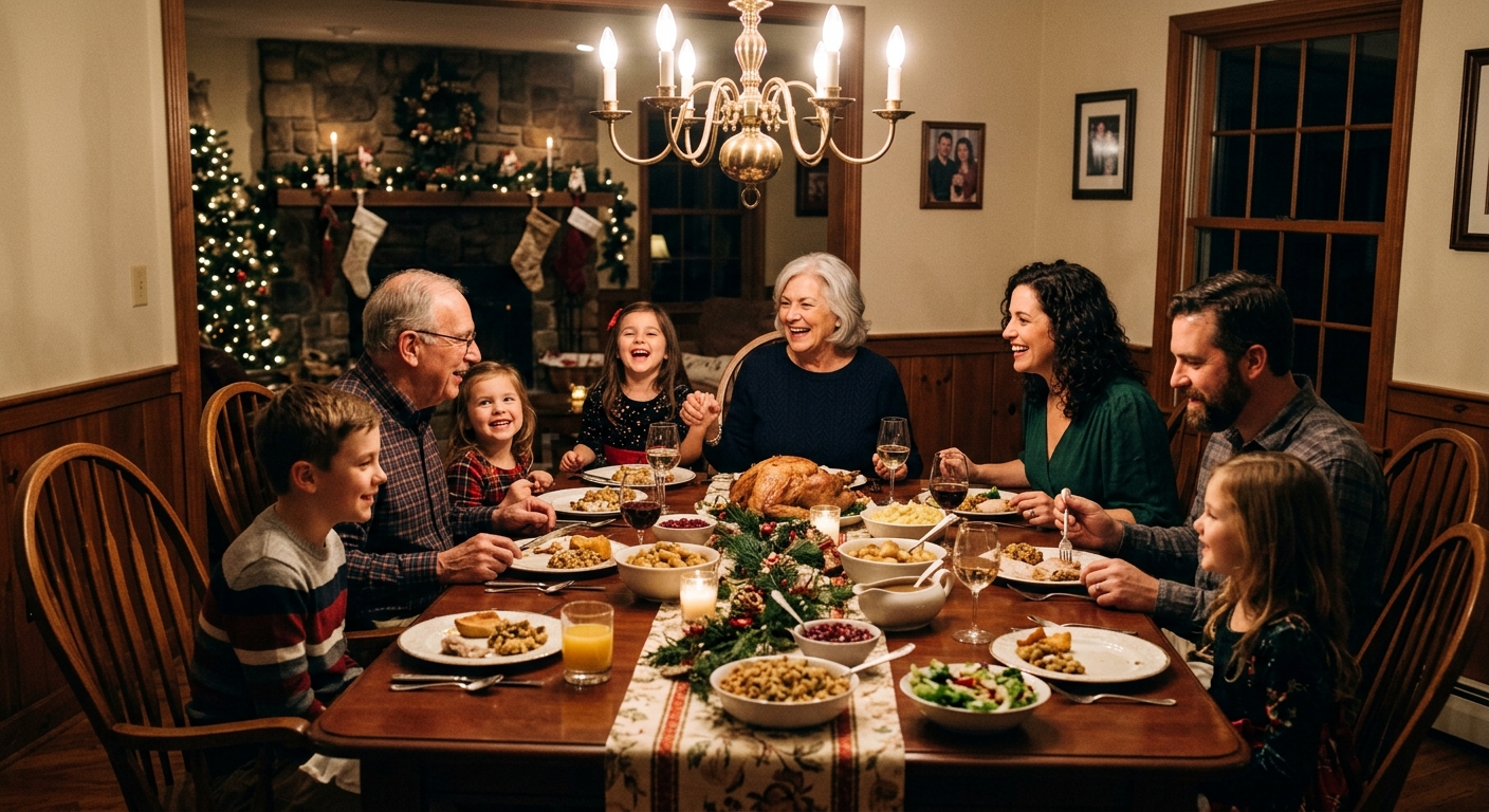 Multi-generational family gathered around a beautifully set dining table for a holiday meal
