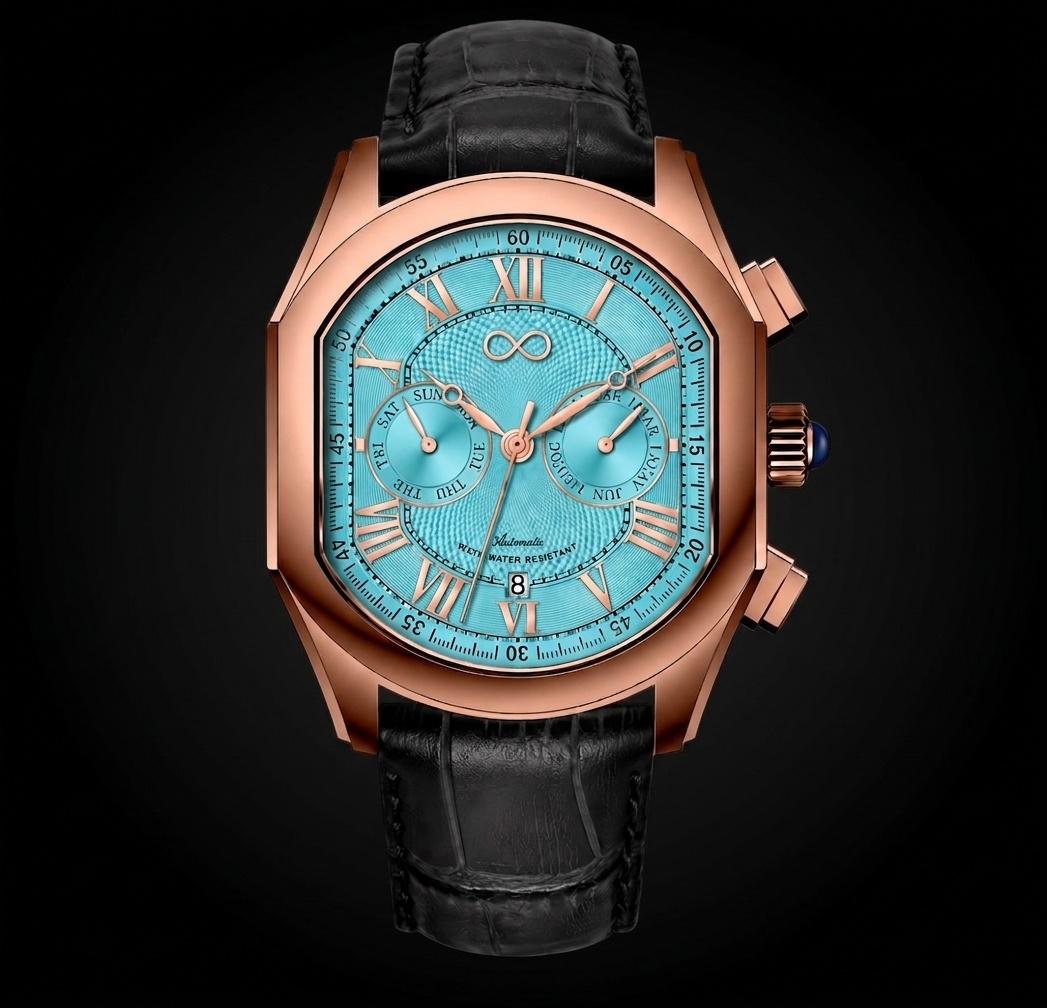 The Atelier Calendar with Tiffany blue guilloché dial and rose gold case
