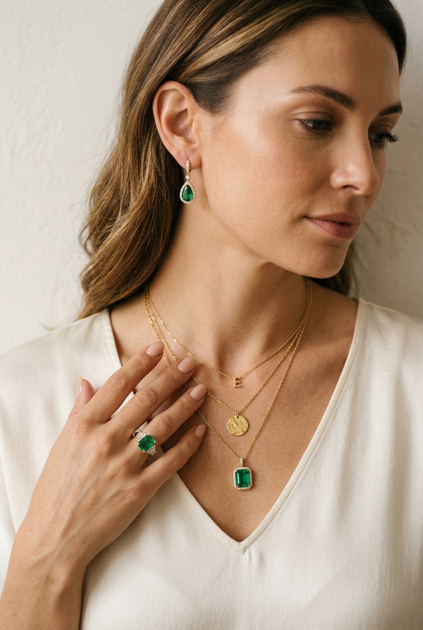 Model wearing coordinated gold fine jewelry