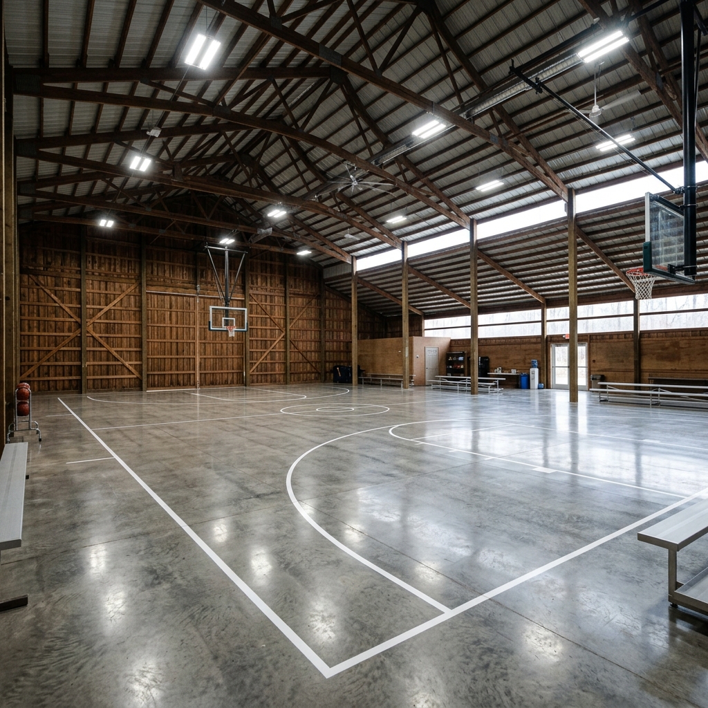 Full basketball court with regulation line striping inside an indoor pole barn facility