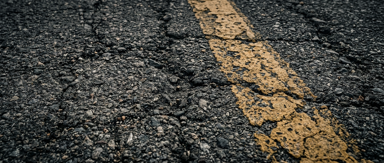 Macro asphalt road surface with weathered yellow road line